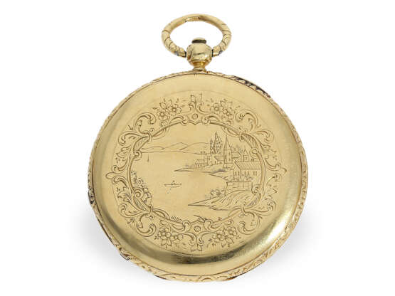 Flache 18K Taschenuhr, Goldsavonnette mit sehr schöner Gehäusegravur, Motta Geneve um 1840 - Foto 7