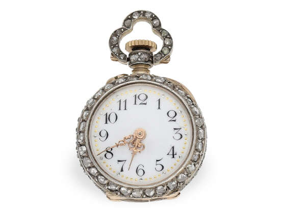 Anhängeuhr: Miniatur- Anhängeuhr mit Diamantgehäuse, vermutlich Le Coultre, um 1900 - photo 2