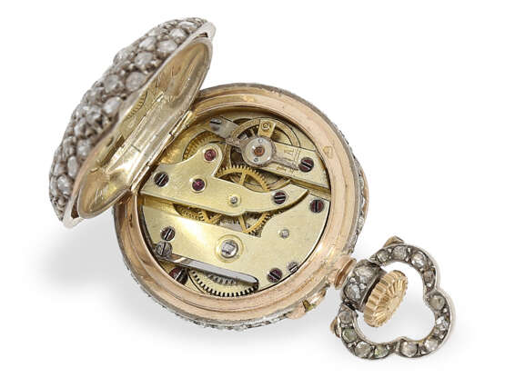 Anhängeuhr: Miniatur- Anhängeuhr mit Diamantgehäuse, vermutlich Le Coultre, um 1900 - Foto 3