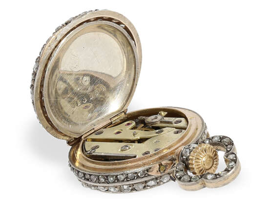 Anhängeuhr: Miniatur- Anhängeuhr mit Diamantgehäuse, vermutlich Le Coultre, um 1900 - фото 4