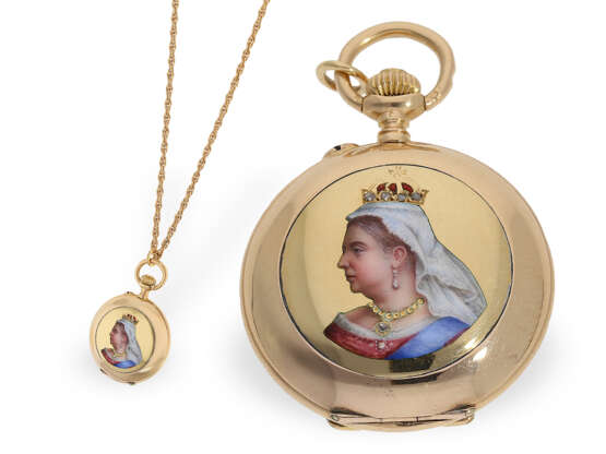 Historisch interessante Gold/Emaille-Damenuhr an langer Halskette, Thronjubiläum Queen Victoria 1837-1897, mit Originalbox - Foto 1