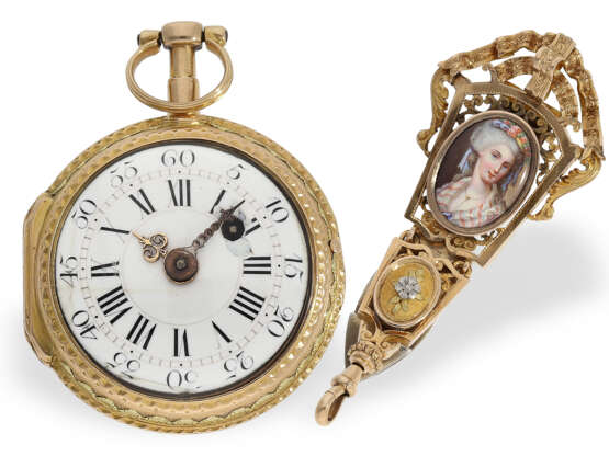 Taschenuhr: museale Louis XV 4-Farben-Spindeluhr mit dazugehöriger Gold/Emaille-Chatelaine und Originalbox, Berthoud (1727-1807) Paris - фото 1
