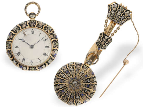 Taschenuhr: exquisite Gold/Emaille-Taschenuhr mit exzentrischem Zifferblatt und Zylinderhemmung und einer korrespondierenden Goldemaille-Chatelaine, Kinable Paris, ca.1820 - photo 1