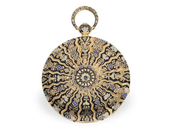 Taschenuhr: exquisite Gold/Emaille-Taschenuhr mit exzentrischem Zifferblatt und Zylinderhemmung und einer korrespondierenden Goldemaille-Chatelaine, Kinable Paris, ca.1820 - photo 2