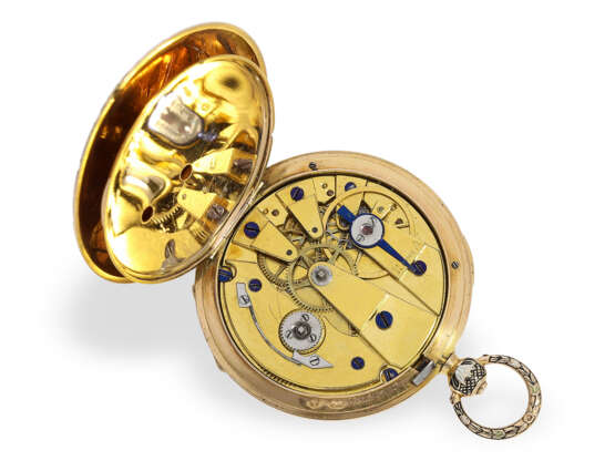 Taschenuhr: exquisite Gold/Emaille-Taschenuhr mit exzentrischem Zifferblatt und Zylinderhemmung und einer korrespondierenden Goldemaille-Chatelaine, Kinable Paris, ca.1820 - photo 4