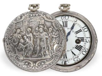 Taschenuhr: besonders große, frühe Repoussé Doppelgehäuse-Spindeluhr mit signiertem "Cochin"-Gehäuse, Guillaume Poletnich Paris, ca.1730/1740