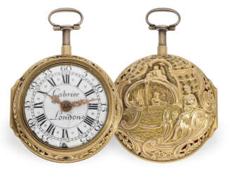 Taschenuhr: äußerst prächtige 18K Repoussé Doppelgehäuse-Spindeluhr mit Schlagwerk, Charles Cabrier London, ca.1750