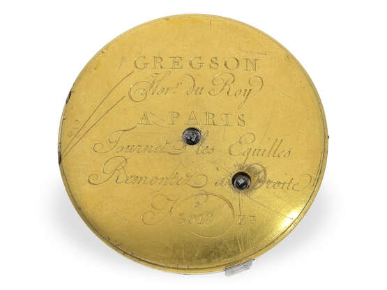 Exquisite, ultraflache Gold/Emaille-Taschenuhr mit Komma-Hemmung und feinster Paillon-Emaille, Königlicher Uhrmacher Gregson Paris No.3017, ca.1780 - photo 5