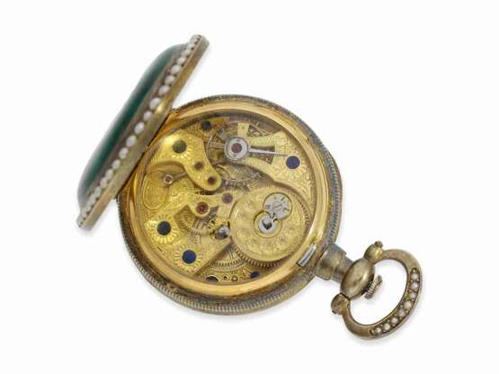 Taschenuhr: seltene Emaille-Taschenuhr mit Perlenbesatz und Zentralsekunde für den chinesischen Markt, zugeschrieben Bovet Fleurier No.676, ca.1860 - фото 3