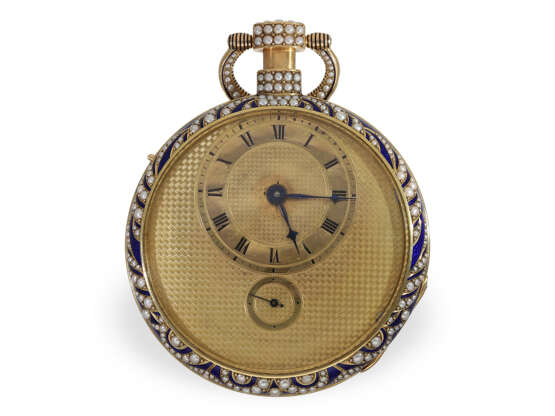 Rarität, bedeutende große Gold/Emaille-Taschenuhr mit Orientperlenbesatz und Repetition, vermutlich Piguet & Meylan Genf für den chinesischen Markt, um 1810 - Foto 2
