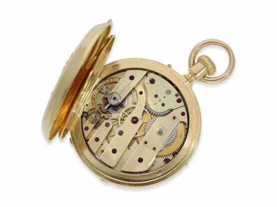 Taschenuhr: hochinteressante Genfer Goldsavonnette mit ewigem Kalender, retrogradem Datum und Mondphase, J. F. Bautte & Cie, Rossel & Fils, Succer. Genève, No. 92115, ca.1867 - Foto 3