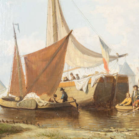 SCHAUMBURG, JULES (1839-1886), "Holländisches Segelschiff und Boote vor dem Hafen", - Foto 6