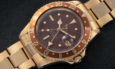 ROLEX, GMT-MASTER REF.1675 ‘NIPPLE DIAL’, A GOLD AUTOMATIC DUAL TIME WRISTWATCH