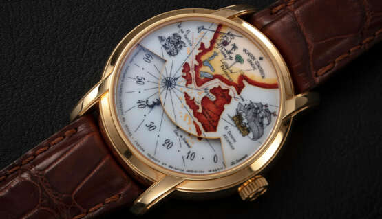 VACHERON CONSTANTIN, REF. 47070, LES METIERS D'ART TRIBUTE TO THE GREAT EXPLORERS 'MAGELLAN', A GOLD WANDERING HOURS WRISTWATCH WITH CHAMPLEVE ENAMEL DIAL - фото 1
