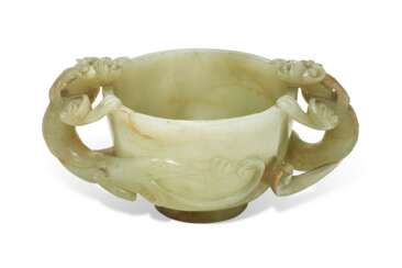 A PALE GREENISH-WHITE JADE CUP WITH `CHILONG' HANDLES