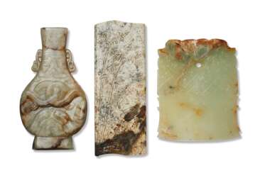 A RUSSET AND GREYISH-GREEN JADE FLATTENED VASE AND A `CHICKEN BONE' JADE SCROLL-FORM PLAQUE