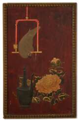 A LACQUERED PANEL WITH PEONY AND COCKATOO