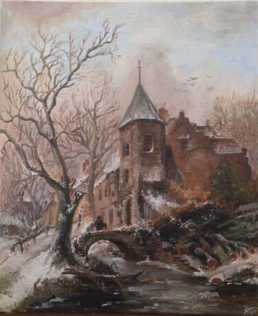 Winter landscape with castle and skaters полотно на картоні олія History Peinture de paysage Ukraine 2022 - photo 2