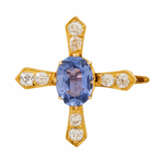 Brosche "Kreuz" mit schönem Saphir und 8 Altschliffdiamanten - Foto 1