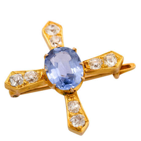 Brosche "Kreuz" mit schönem Saphir und 8 Altschliffdiamanten - Foto 5