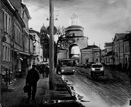 Peinture «Золотые ворота», Papier kraft, Charbon, Réalisme contemporain, Paysage urbain, Russie, 2022 - photo 1