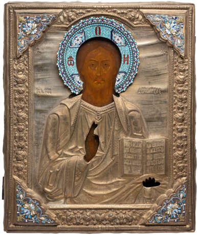 GROSSFORMATIGE IKONE MIT CHRISTUS PANTOKRATOR MIT CLOISONNÉ-EMAIL-OKLAD - Foto 1