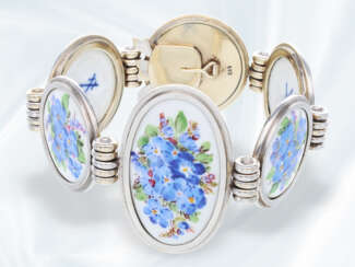 Armband: goldenes, seltenes und sehr dekoratives vintage Armband mit Porzellan-Einlagen Porzellan-Manufaktur Meißen, 14K Weißgold