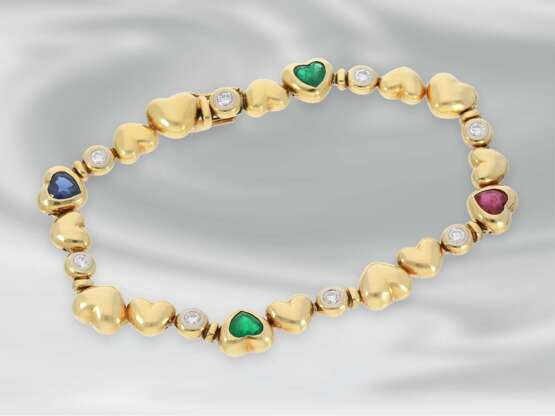 Armband: hochwertiges, goldenes Herzarmband mit Smaragd-, Rubin-, Saphir- und Brillantbesatz, ca. 2,54ct, 18K Gold, sehr teurer Markenschmuck von Zappe - photo 1