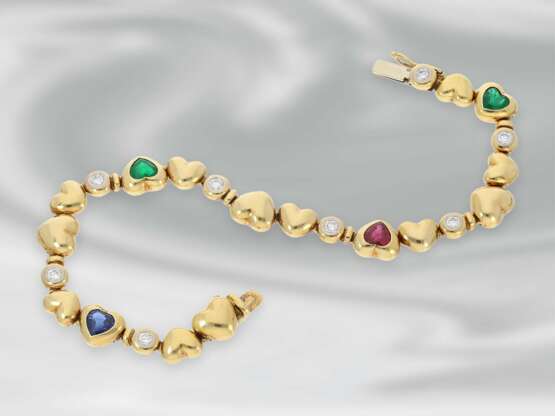 Armband: hochwertiges, goldenes Herzarmband mit Smaragd-, Rubin-, Saphir- und Brillantbesatz, ca. 2,54ct, 18K Gold, sehr teurer Markenschmuck von Zappe - фото 2