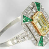 Sehr wertvoller antiker Platinring mit Brillant-/Smaragdbesatz u. schönem fancy Diamanten von ca. 1ct, Handarbeit - photo 2