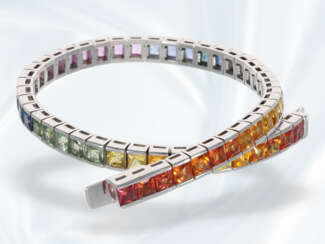 Modernes Multicolor-Saphir-Armband "Rainbow", insgesamt ca. 15,5ct feine Saphire, Handarbeit 18K