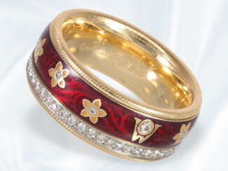 Ring: hochfeiner Wellendorf Gold/Emaille-Ring mit Brillanten, Modell "Kirsche"