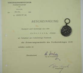 Finnland: Erinnerungsmedaille an den Freiheitskrieg 1918, mit Urkunde für einen Deutschen.