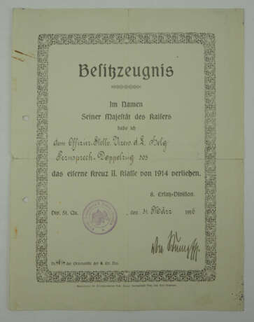 Preussen: Eisernes Kreuz, 1914, 2. Klasse Urkunde für einen Offiziers-Stellvertreter und Vizew. d.L. des Fernsprech-Doppelzug 303. - Foto 1