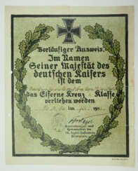 Preussen: Eisernes Kreuz, 1914, 2. Klasse Urkunde für einen Unteroffizier der 3. Komp. bayer. 28. Infanterie-Regiment.