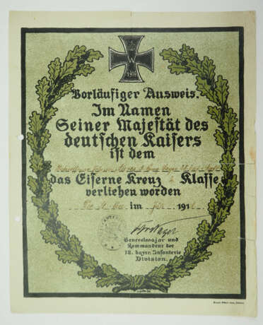 Preussen: Eisernes Kreuz, 1914, 2. Klasse Urkunde für einen Unteroffizier der 3. Komp. bayer. 28. Infanterie-Regiment. - photo 1