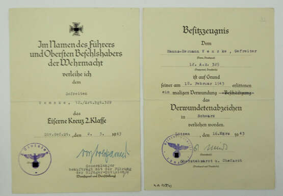 Urkundenpaar für einen Gefreiten der 12./ Artillerie-Regiment 329 - Kessel von Demjansk. - фото 1