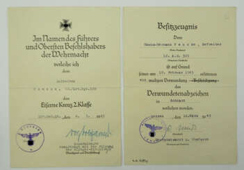 Urkundenpaar für einen Gefreiten der 12./ Artillerie-Regiment 329 - Kessel von Demjansk.
