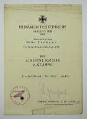 Eisernes Kreuz, 1939, 2. Klasse Urkunde für einen Obergefreiten der 7./ Gren.Feld-Ausb.Rgt. 639.