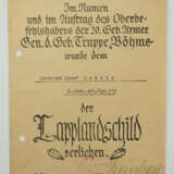 Lapplandschild Urkunde für einen Leutnant der 5./ Geb. Art. Rgt. 118. - Foto 1