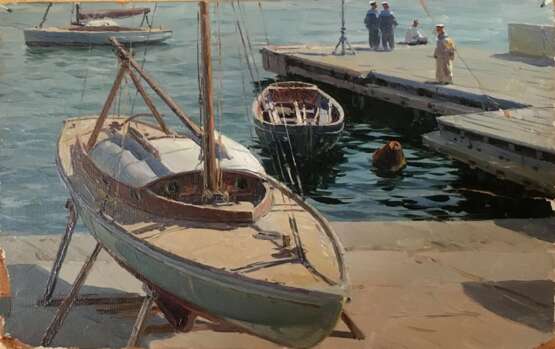 Яхта на берегу Pjotr Tarassowytsch Malzew (1907 - 1993) Karton Öl Realismus Marinemalerei UdSSR (1922-1991) 1947 - Foto 1