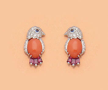 Paar charmante Vogel-Ohrringe mit Koralle - photo 1