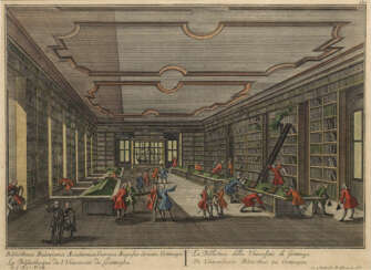 Guckkastenbild mit Innenansicht "Di Universitäts=Bibliothec