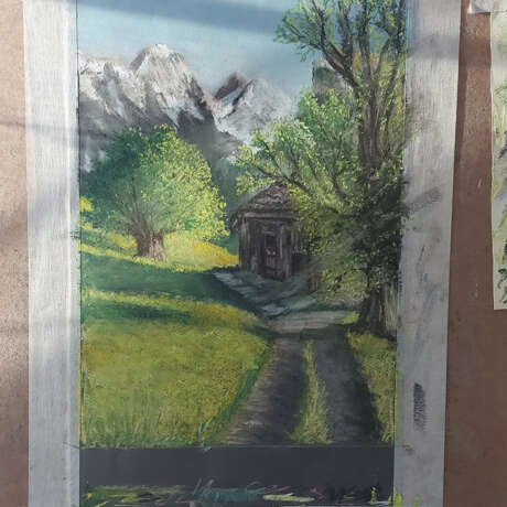 Старый домик в Альпах Бумага пастель Современный реализм Горный пейзаж 2021 г. - фото 4