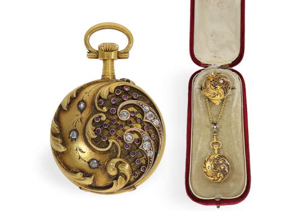 Hochfeine "Louis XV-Stil" Chatelaineuhr besetzt mit Brillanten, Perlen und Rubinen, mit Originalbox - Foto 1