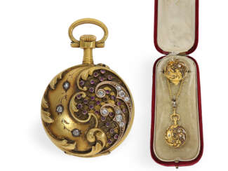 Hochfeine "Louis XV-Stil" Chatelaineuhr besetzt mit Brillanten, Perlen und Rubinen, mit Originalbox