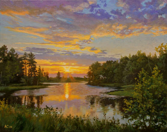 Oil painting “Закат пылает”, Canvas on the subframe, Oil, Contemporary realism, Landscape painting, Russia, 2022 - photo 1