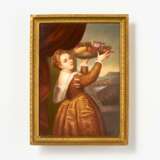 Small porcelain painting of girl with fruit bowl - photo 1