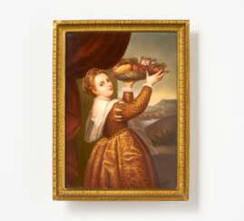 Small porcelain painting of girl with fruit bowl