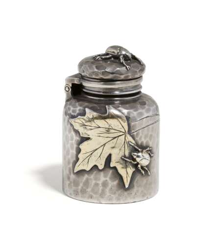 Japanese style silver inkwell with maple leaves and small beetles - Foto 1